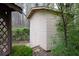 Neutral-colored garden shed in backyard; perfect for storage and yard equipment at 2555 Stonevalley Ln, Cumming, GA 30041