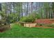 Lush green backyard featuring mature trees, a retaining wall, and manicured lawn at 135 High Point Walk, Atlanta, GA 30342