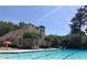 Inviting swimming pool with lounge chairs, umbrellas, and mature trees, perfect for relaxing and enjoying outdoor recreation at 545 Slane Trce, Roswell, GA 30076