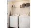 Functional laundry room with white washer and dryer, wire shelving, and dark flooring at 7701 Haynes Park Pl, Lithonia, GA 30038