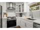 Close-up of the kitchen showing stainless steel appliances, herringbone backsplash, and white cabinetry at 2322 Poplar Springs Ne Dr, Brookhaven, GA 30319