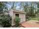 Small backyard shed with double doors, surrounded by brick landscaping at 1244 Arden Sw Dr, Marietta, GA 30008