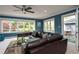 Brightly lit living room with multiple windows and a leather couch at 4449 Lashley Dr, Tucker, GA 30084
