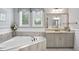 Bathroom showcasing a soaking tub, gray cabinets, granite counters, and a large mirror at 5950 Thoroughbred Way, Suwanee, GA 30024
