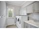 Gray laundry room with cabinetry, sink, washer, dryer and exterior door at 5950 Thoroughbred Way, Suwanee, GA 30024
