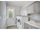 Bright laundry room with modern washer and dryer, white cabinets, sink, and door to the outside at 5950 Thoroughbred Way, Suwanee, GA 30024