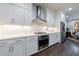 Modern kitchen featuring stainless steel appliances, white cabinets, and an adjacent dining area at 5010 Towneship Creek Rd, Roswell, GA 30075
