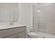 Bathroom featuring a modern shower with glass doors and contemporary fixtures, complemented by sleek vanity at 4212 Adler Cir, Buford, GA 30519