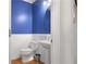 Charming powder room featuring classic wainscoting, stylish blue walls, and a pedestal sink at 6463 Century Park Se Pl, Mableton, GA 30126