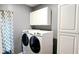 Laundry room with modern washer and dryer set and white cabinets above at 113 Citadel Dr, Hampton, GA 30228