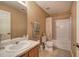 Bathroom featuring a vanity with a sink, toilet, bathtub with shower, and neutral wall colors at 338 Oak Leaf Pl, Acworth, GA 30102