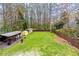 Large backyard featuring a shed, covered area, and expansive grassy area surrounded by trees at 3991 Centennial Trl, Duluth, GA 30096