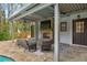 Covered stone patio with fireplace, outdoor TV, and comfortable seating at 302 Rolling Rock Se Rd, Marietta, GA 30067
