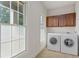 Bright laundry room featuring modern washer/dryer units, storage cabinets, and natural light at 3241 Adams St, Atlanta, GA 30337