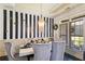 Elegant dining room showcasing a striped accent wall, chandelier, and views to exterior at 6025 Golf View Xing, Locust Grove, GA 30248