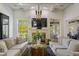 Bright living room with a coffered ceiling, stone fireplace, and large windows showcasing the exterior at 6025 Golf View Xing, Locust Grove, GA 30248