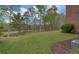 Lush green backyard featuring mature trees and manicured lawn adjacent to brick home's exterior at 5224 Brendlynn Dr, Suwanee, GA 30024