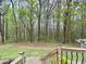 View from the deck with stairs overlooking a wooded backyard and green grass lawn at 2210 Holly Springs Rd, Rockmart, GA 30153