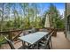 Outdoor dining area with a large table and chairs on a wooden deck surrounded by trees at 4688 Oakleigh Manor Dr, Powder Springs, GA 30127