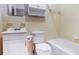 Bathroom featuring a tub, toilet, and sink with vanity and mirror at 2442 Wentworth Ne Dr, Atlanta, GA 30345