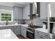 A well-equipped kitchen featuring stainless steel appliances, gray cabinets, quartz countertops, and a tile backsplash at 2528 Magnolia Ridge Dr, Marietta, GA 30067