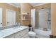 Bathroom featuring granite countertop vanity, shower-tub combo, and neutral tones at 854 Club Moss Ct, Marietta, GA 30068