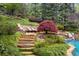 Backyard swimming pool and stone steps, landscaping, trees, and patio with chaise lounges at 1319 Glen Cedars Dr, Smyrna, GA 30126