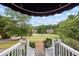View from the covered front porch showcasing a manicured front lawn and neighborhood homes at 2610 Ginger Dr, Buford, GA 30519