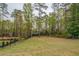 Expansive, tree-lined backyard with a fenced perimeter and an outbuilding at 9117 Dearing St, Covington, GA 30014