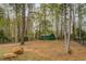 Green outbuilding in treed backyard with a fence at 9117 Dearing St, Covington, GA 30014