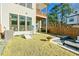 Grassy backyard with patio and seating area perfect for entertaining in this outdoor space at 158 Village Green Ave, Woodstock, GA 30189
