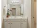 Well-lit bathroom showcasing a white vanity, a large mirror, and an elegant floral arrangement at 214 Cedar Woods Way, Canton, GA 30114