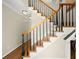Elegant staircase with wooden treads, black iron railings, and modern lighting at 495 Heritage Way, Atlanta, GA 30328