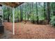 Backyard featuring mature trees, pine straw, patio space and wooded view at 306 Teal Ct, Roswell, GA 30076
