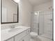 Bathroom with a glass-door shower, white cabinets, white counters, and white fixtures at 3760 Near Star Ln, Cumming, GA 30028