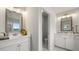 Stylish bathroom featuring double sinks with white cabinets, and a separate toilet room at 3790 Near Star Ln, Cumming, GA 30028
