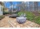 Landscaped backyard featuring a trampoline and outdoor seating area at 1190 Mosspointe Dr, Roswell, GA 30075
