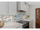 Close up of kitchen with marble countertops, modern range, and decorative tile backsplash at 3300 Windy Ridge Se Pkwy # 1501, Atlanta, GA 30339