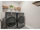 This modern laundry room features side-by-side machines and stylish patterned floors at 163 Neese Farm Dr, Woodstock, GA 30188