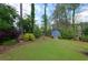 Lush backyard with a well-maintained lawn, mature trees, and a charming shed, offering ample green space at 3811 Valley Green Dr, Marietta, GA 30068