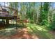Lush backyard featuring a deck and mature trees, perfect for outdoor relaxation and entertaining in a private setting at 292 Old Rosser Rd, Stone Mountain, GA 30087