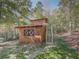 A wooden shed with a red metal roof is surrounded by a lush forest, accessible by a staircase at 1166 Upper Sweetwater Se Trl, White, GA 30184