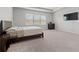 Spacious bedroom with large windows, tray ceiling, neutral carpet, and a modern ceiling fan at 133 Bastian Rd, Mcdonough, GA 30252