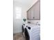 Well-lit laundry room featuring gray cabinets and modern front-load washer and dryer at 1515 Walker Ave, Atlanta, GA 30337