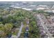 Aerial view of a neighborhood showcasing tree-lined streets and nearby commercial areas at 1717 Ramblewood Way, Snellville, GA 30078