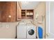 Functional laundry room with washer, dryer, and convenient built-in shelving for storage at 3100 Queens Ne Walk, Atlanta, GA 30345