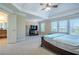 Main bedroom with a coffered ceiling, ceiling fan, large windows, and carpeted floors at 5650 Upper Creek Ct, Suwanee, GA 30024