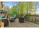 Relaxing outdoor deck with comfortable seating and views of the surrounding trees at 5485 Woodrun Ln, Johns Creek, GA 30005