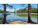Scenic lake view with trees, clear blue water, and a sandy beach area, offering a tranquil and picturesque natural setting at 5851 Swan Walk, Sugar Hill, GA 30518