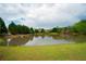 Wide view of the pond showcasing the serene water, surrounding trees, and green lawn at 2557 Staunton Dr, Duluth, GA 30097